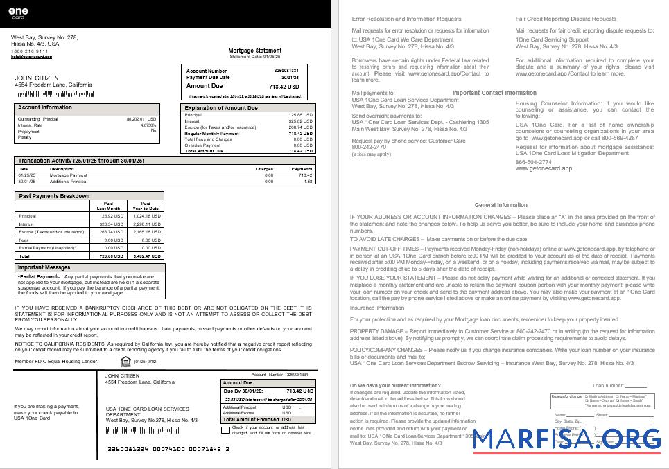 Realistic USA 1One Card mortgage statement in Word and PDF formats sample